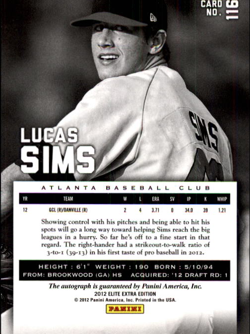 2012 Elite Extra Edition #116 Lucas Sims AU/699 back image