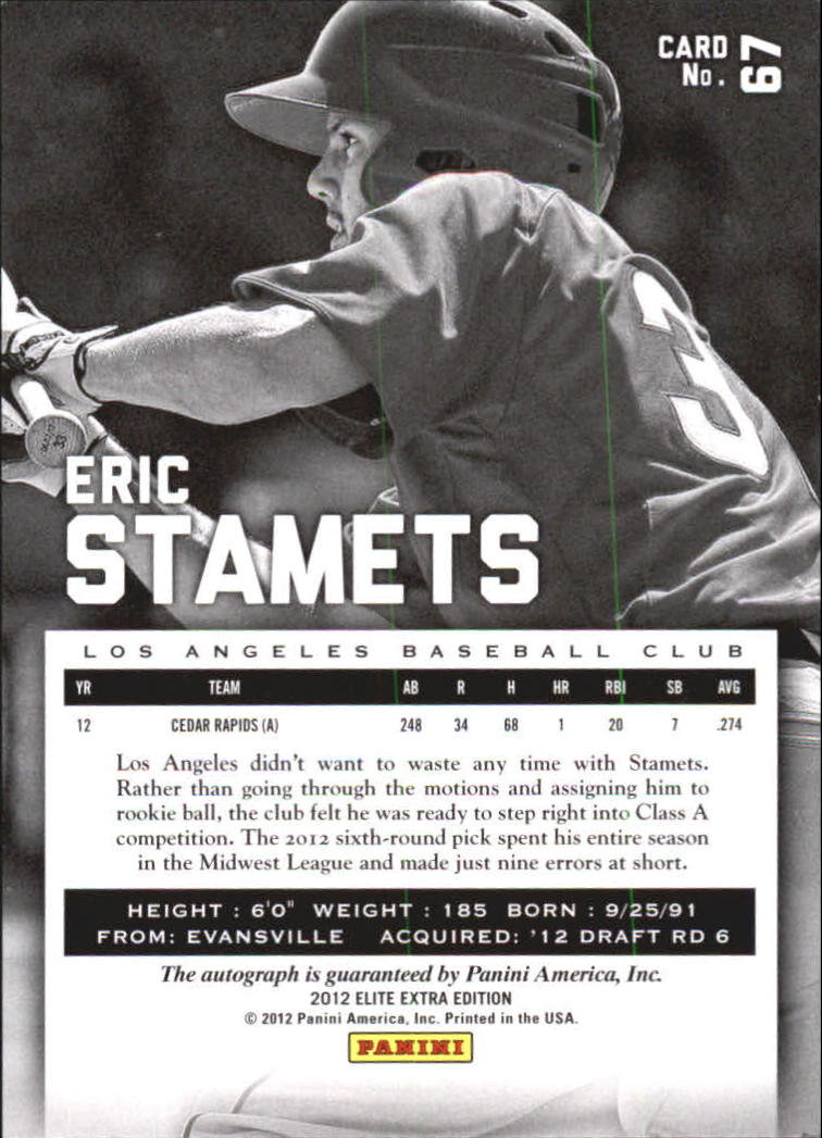2012 Elite Extra Edition Franchise Futures Signatures #67 Eric Stamets/590 back image