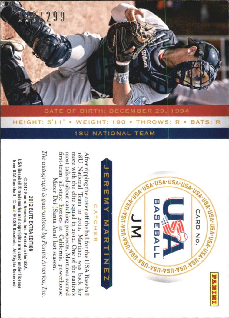 2012 Elite Extra Edition USA Baseball 18U Signatures #11 Jeremy Martinez back image