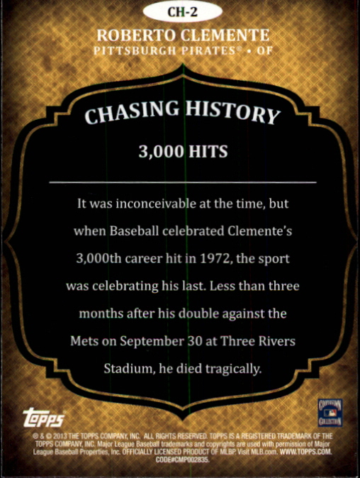 2013 Topps Chasing History Holofoil Gold #CH2 Roberto Clemente back image