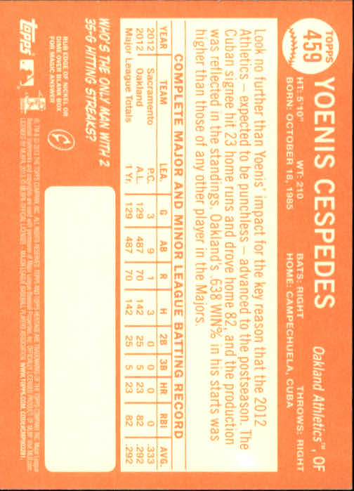 2013 Topps Heritage #459A Yoenis Cespedes SP back image