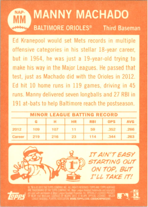 2013 Topps Heritage New Age Performers #MM Manny Machado back image