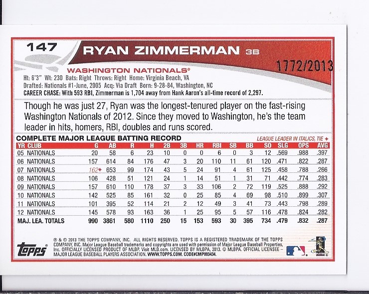 2013 Topps Opening Day Blue #147 Ryan Zimmerman back image