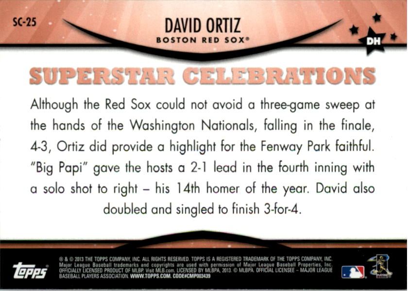 2013 Topps Opening Day Superstar Celebrations #SC25 David Ortiz back image
