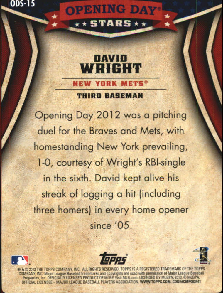 2013 Topps Opening Day Stars #ODS15 David Wright back image