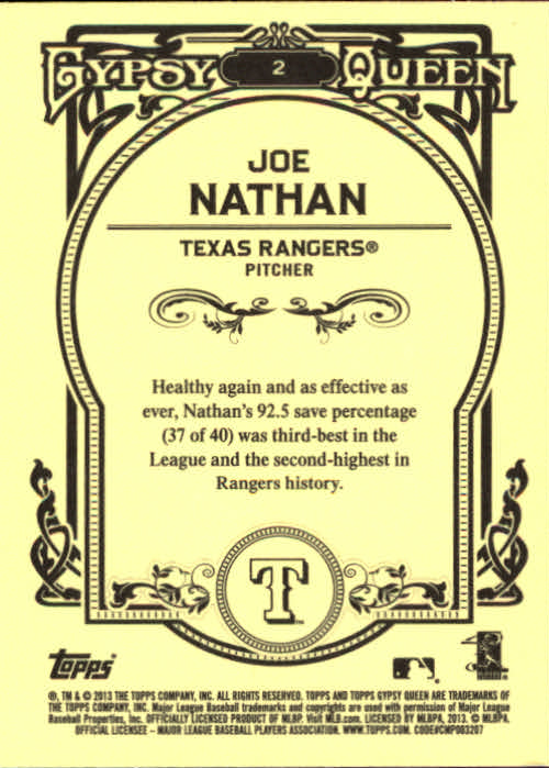 2013 Topps Gypsy Queen #2 Joe Nathan back image
