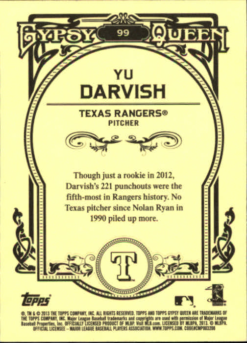 2013 Topps Gypsy Queen #99A Yu Darvish SP back image