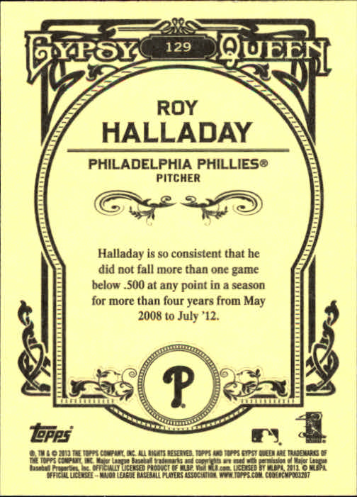 2013 Topps Gypsy Queen #129 Roy Halladay back image