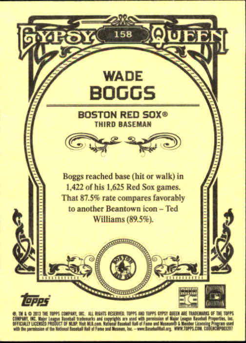 2013 Topps Gypsy Queen #158 Wade Boggs back image