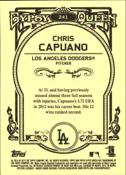 2013 Topps Gypsy Queen #241 Chris Capuano back image