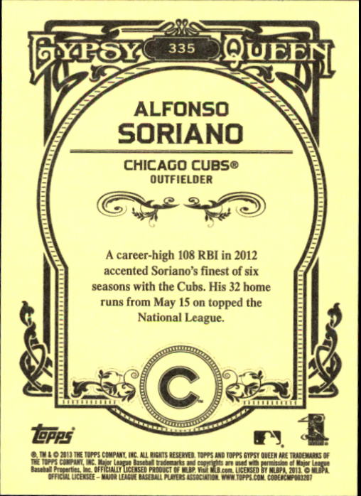 2013 Topps Gypsy Queen #335 Alfonso Soriano back image