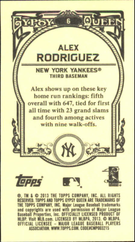 2013 Topps Gypsy Queen Mini #6A Alex Rodriguez back image