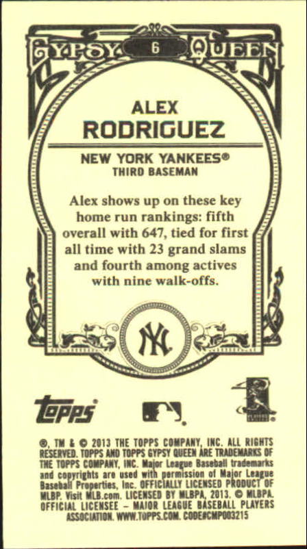 2013 Topps Gypsy Queen Mini #6B Alex Rodriguez SP VAR back image