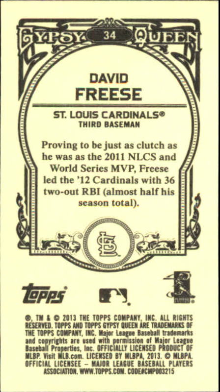 2013 Topps Gypsy Queen Mini #34B David Freese SP VAR back image
