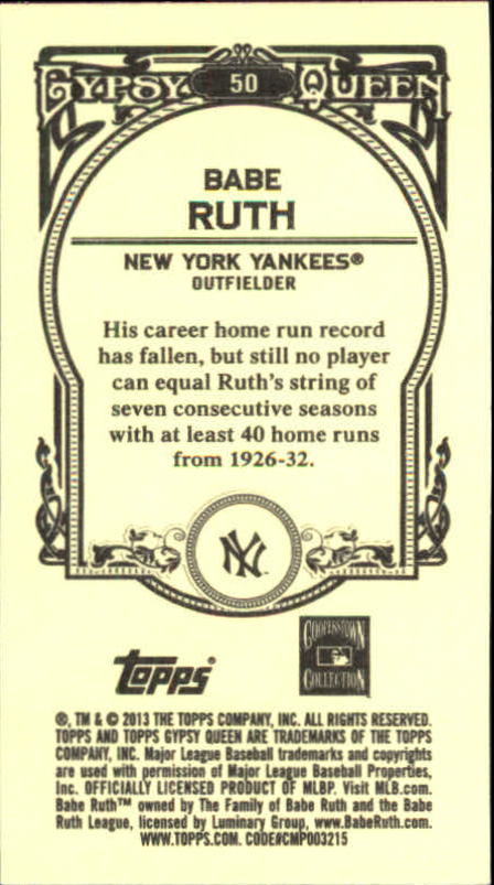 2013 Topps Gypsy Queen Mini #50B Babe Ruth SP VAR back image