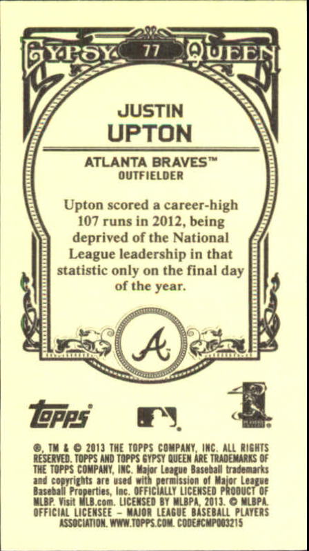 2013 Topps Gypsy Queen Mini #77B Justin Upton SP VAR back image
