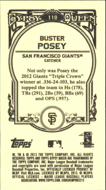 2013 Topps Gypsy Queen Mini #110B Buster Posey SP VAR back image