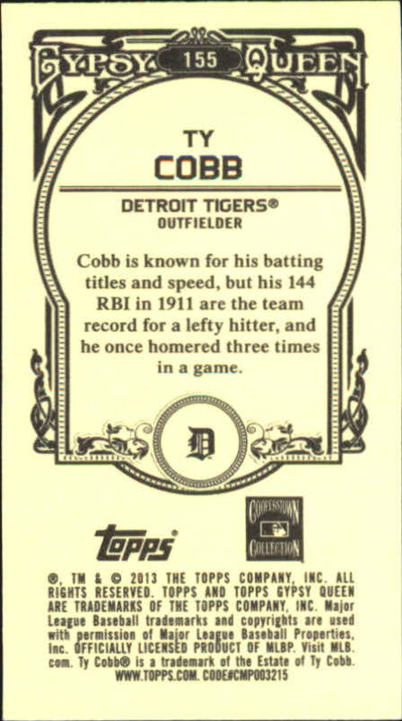 2013 Topps Gypsy Queen Mini #155A Ty Cobb back image