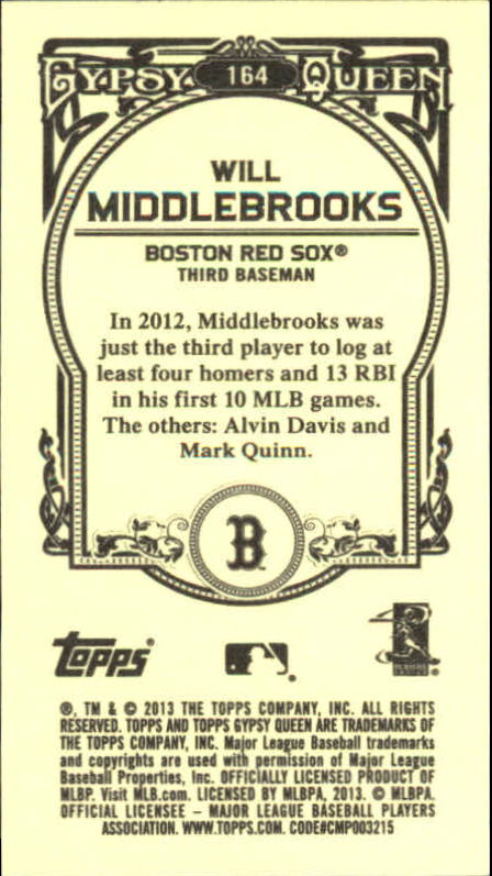 2013 Topps Gypsy Queen Mini #164B Will Middlebrooks SP VAR back image