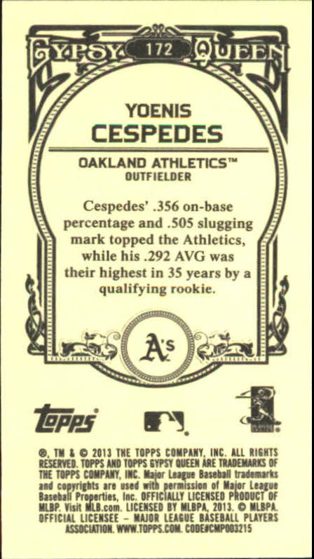 2013 Topps Gypsy Queen Mini #172A Yoenis Cespedes back image