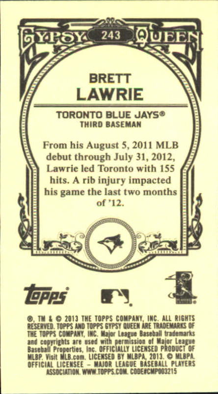 2013 Topps Gypsy Queen Mini #243 Brett Lawrie back image