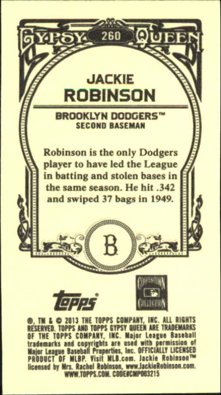2013 Topps Gypsy Queen Mini #260B Jackie Robinson SP VAR back image