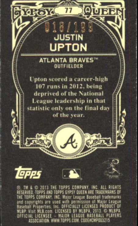 2013 Topps Gypsy Queen Mini Black #77 Justin Upton back image