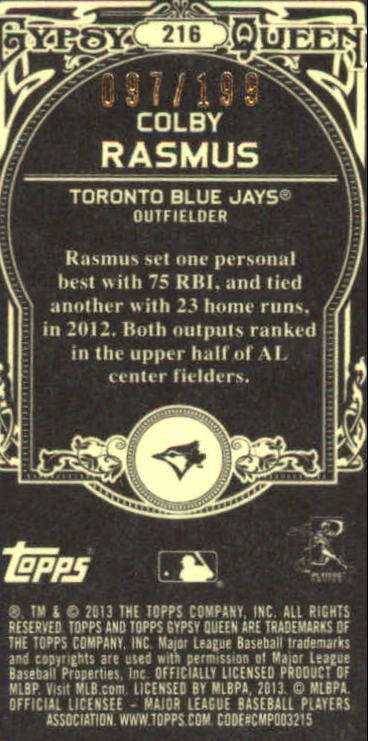 2013 Topps Gypsy Queen Mini Black #216 Colby Rasmus back image