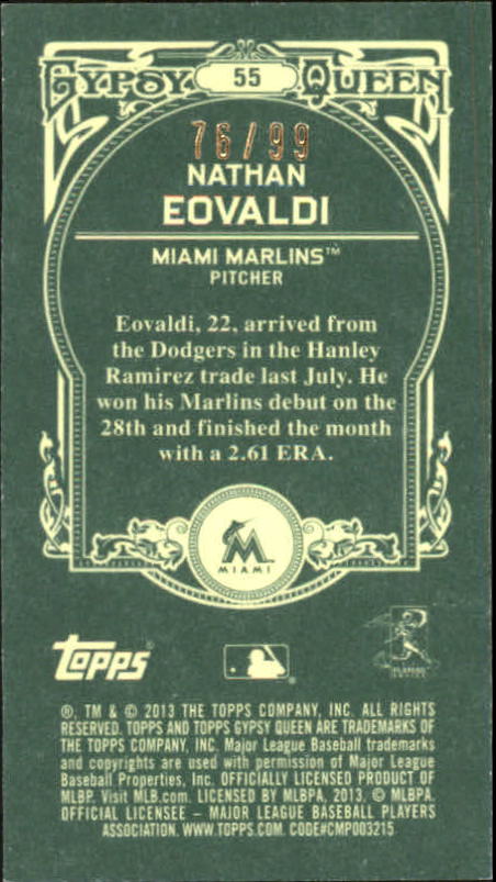 2013 Topps Gypsy Queen Mini Green #55 Nathan Eovaldi back image