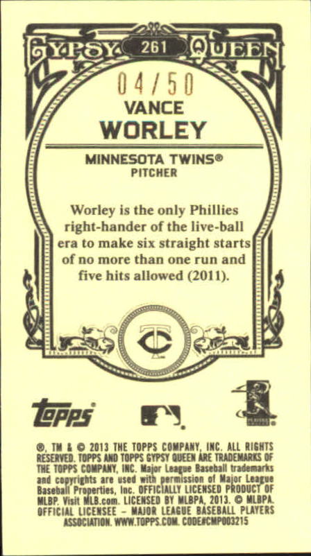 2013 Topps Gypsy Queen Mini Sepia #261 Vance Worley back image