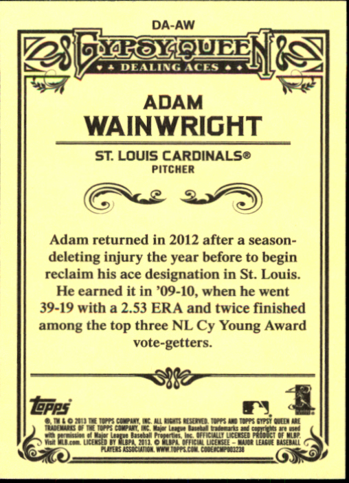 2013 Topps Gypsy Queen Dealing Aces #AW Adam Wainwright back image