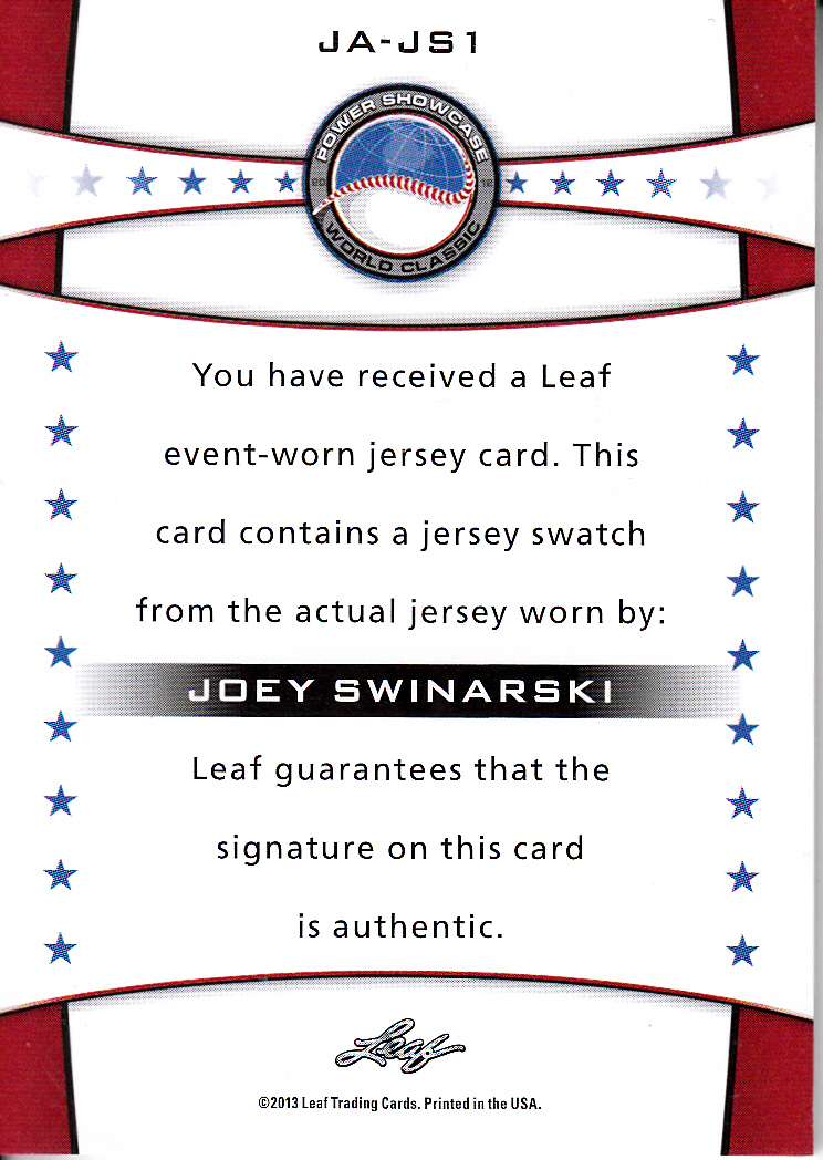 2013 Leaf Power Showcase Jersey Autographs Bronze #JS1 Joey Swinarski back image