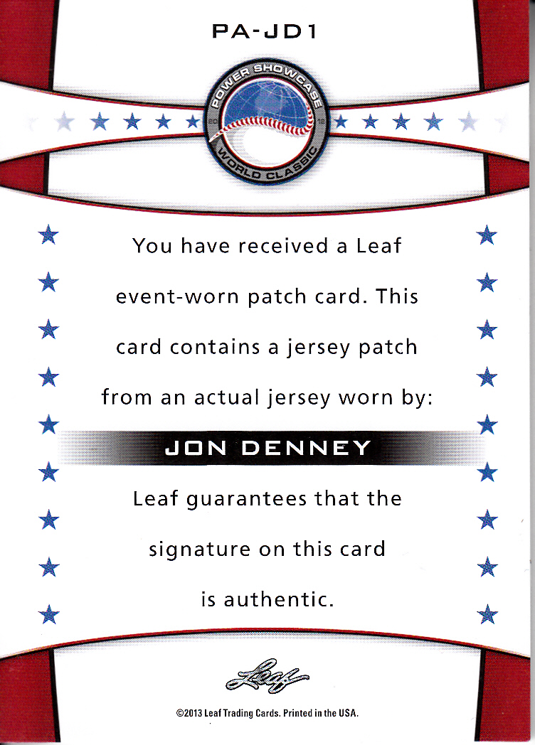 2013 Leaf Power Showcase Patch Autographs Bronze #JD1 Jon Denney back image