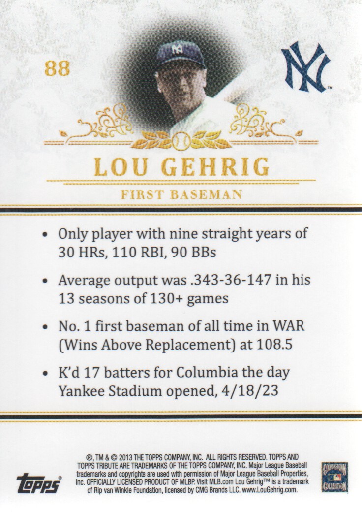 2013 Topps Tribute #88 Lou Gehrig back image
