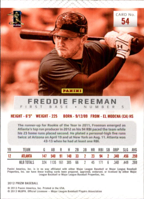 2012 Panini Prizm #54 Freddie Freeman back image
