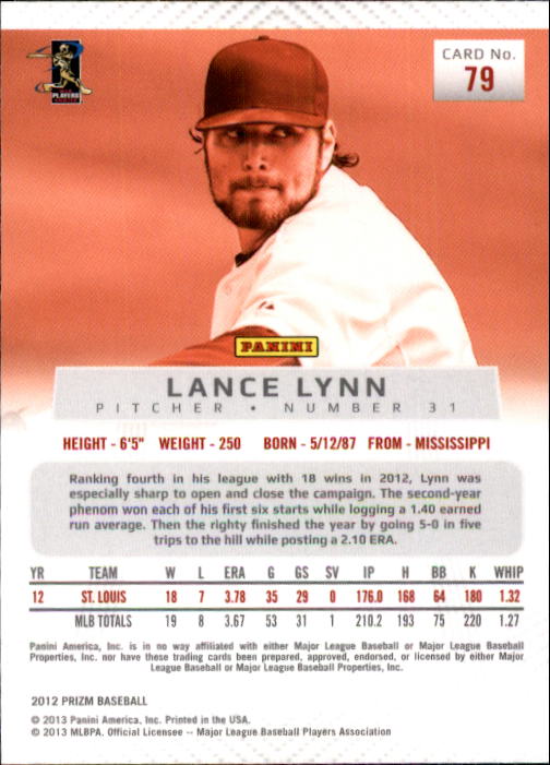 2012 Panini Prizm #79 Lance Lynn back image