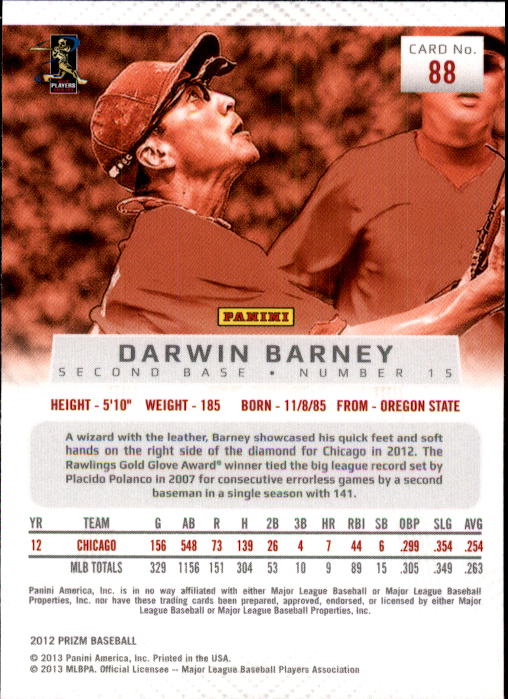 2012 Panini Prizm #88 Darwin Barney back image