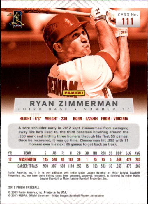 2012 Panini Prizm #111 Ryan Zimmerman back image