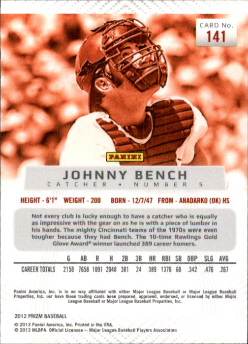 2012 Panini Prizm #141 Johnny Bench back image