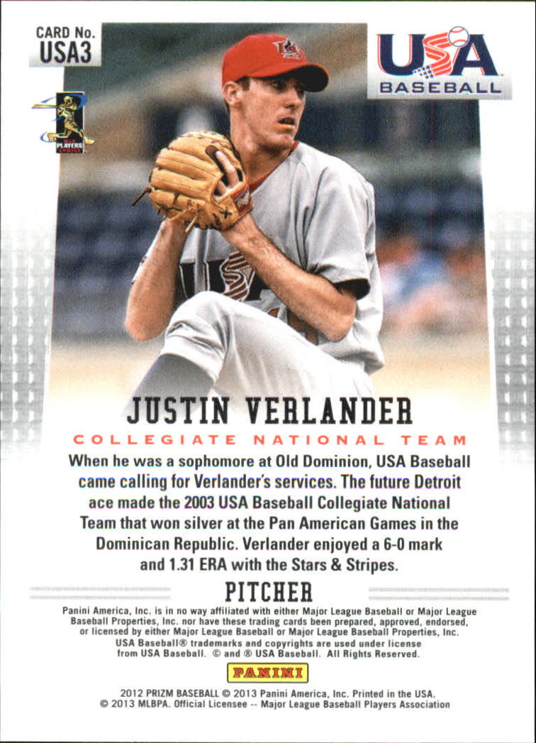 2012 Panini Prizm USA Baseball #USA3 Justin Verlander back image