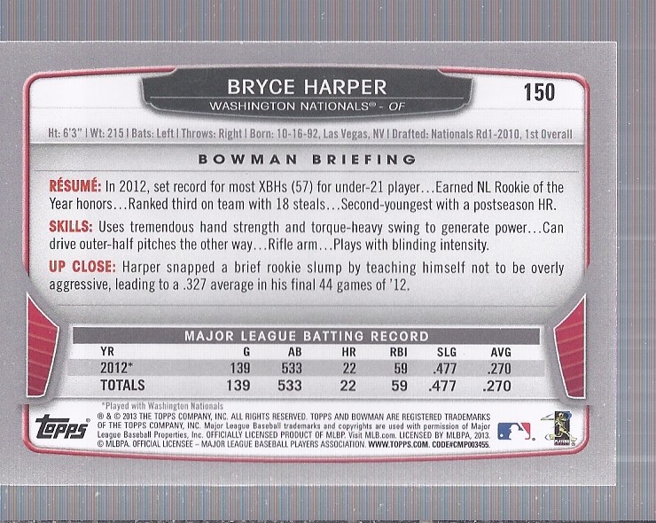 2013 Bowman #150 Bryce Harper back image