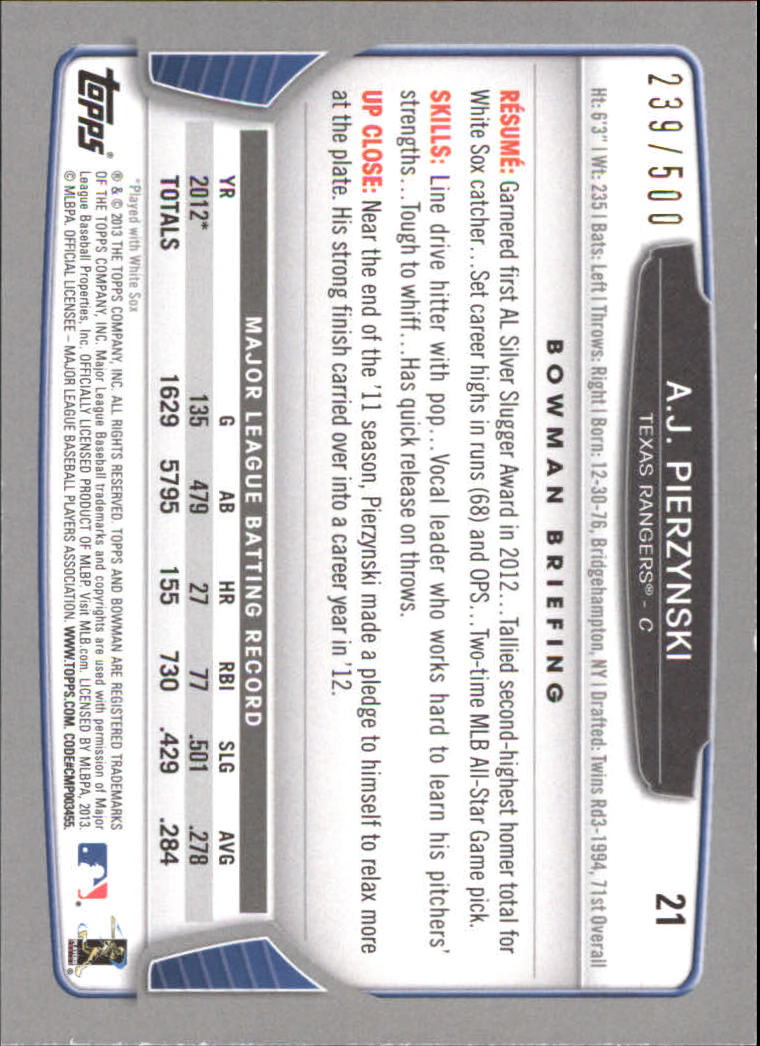 2013 Bowman Blue #21 A.J. Pierzynski back image
