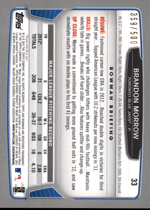 2013 Bowman Blue #33 Brandon Morrow back image