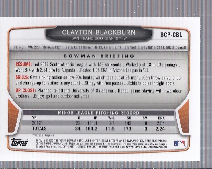 2013 Bowman Chrome Prospect Autographs #CBL Clayton Blackburn back image