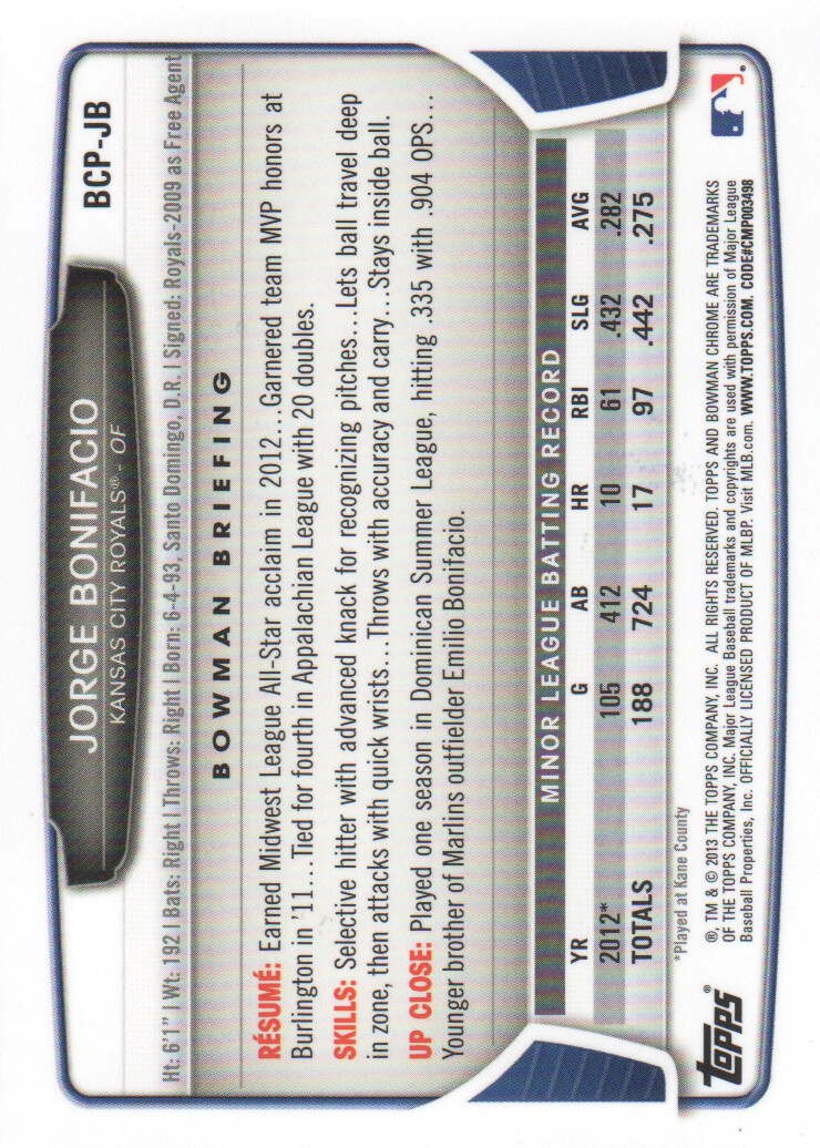 2013 Bowman Chrome Prospect Autographs #JB Jorge Bonifacio