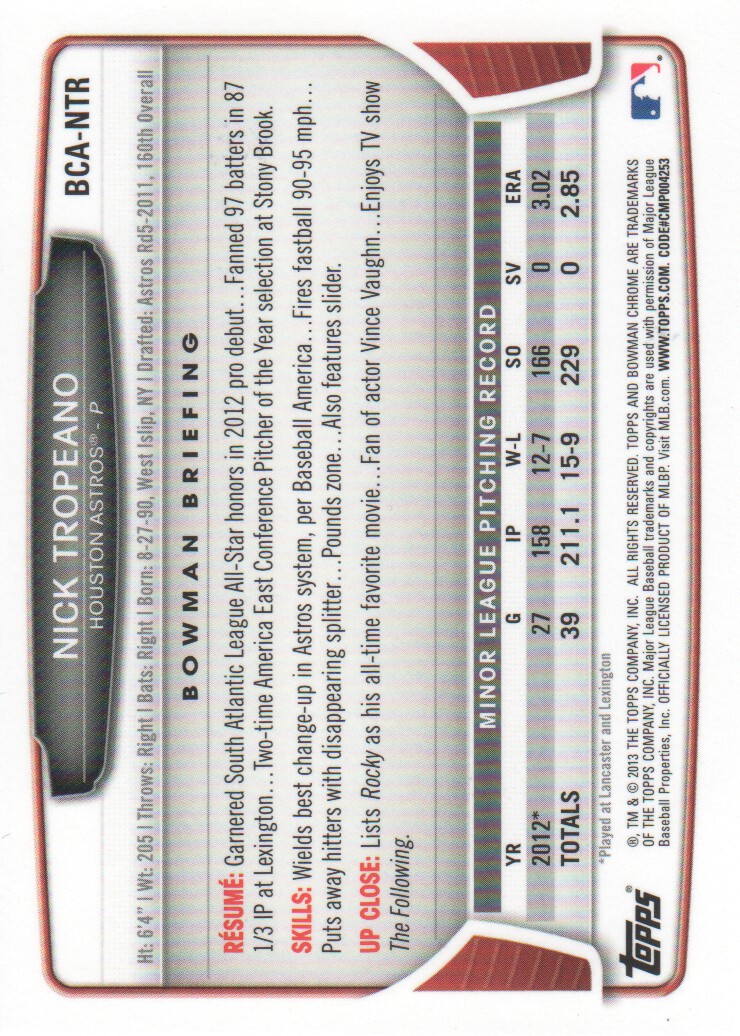 2013 Bowman Chrome Prospect Autographs #NTR Nick Tropeano