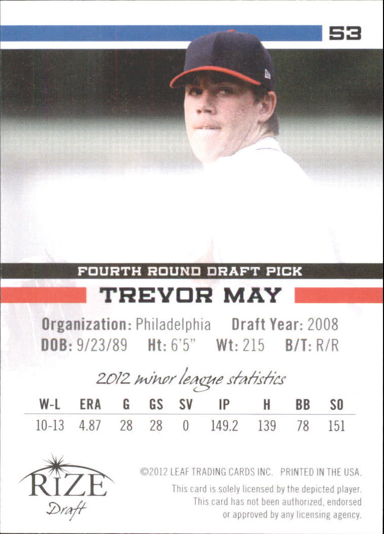 2012 Rize Draft #53 Trevor May back image