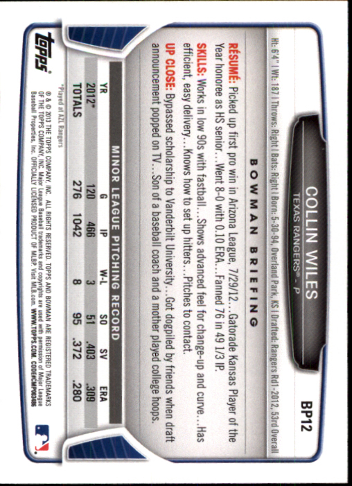 2013 Bowman Prospects Hometown #BP12 Collin Wiles back image