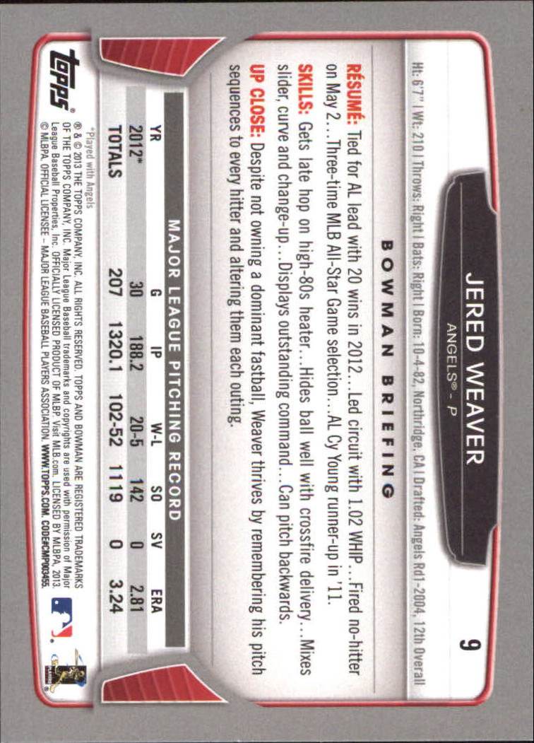 2013 Bowman Silver Ice #9 Jered Weaver back image
