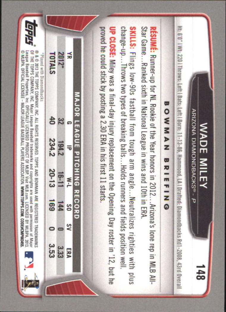 2013 Bowman Silver Ice #148 Wade Miley back image